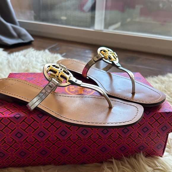 Tory Burch leather mini Millers Mirror Metallic sandals shoes dust bag size 9.5 - Picture 5 of 14